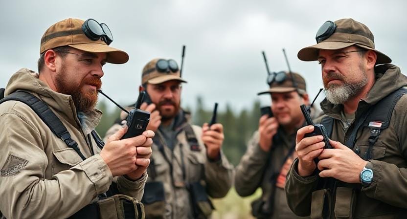 Group of Survival Men Using Two Way Radios