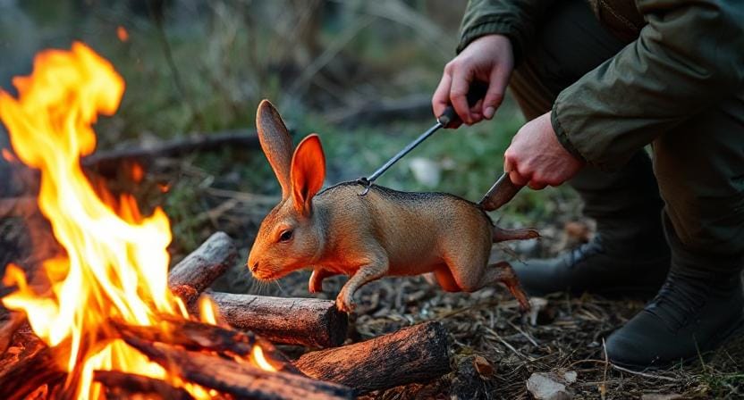 Hunter Cooking a Rabbit Over a Fire