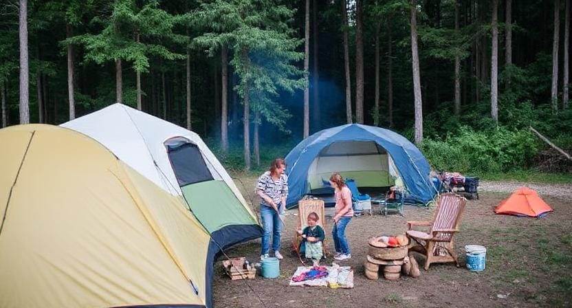 Family Cleaning up Their Campsite