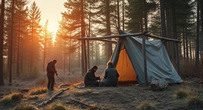 Survivalists Putting up a Shelter