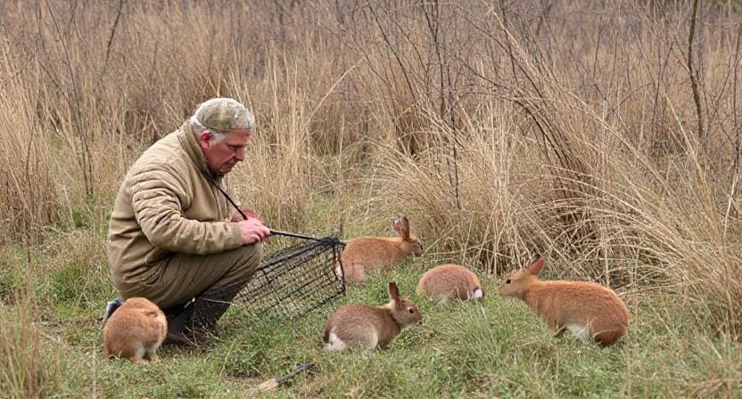 Hunter Trapping Deer and Rabbits