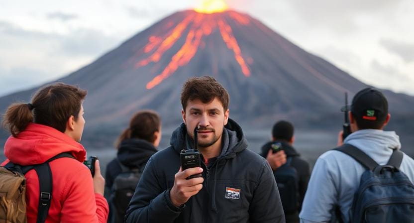 People Using Two Way Radios in Front of a Volcano