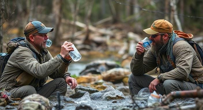 Survivalists with all Hydration Gear Drinking Large Amounts of Water