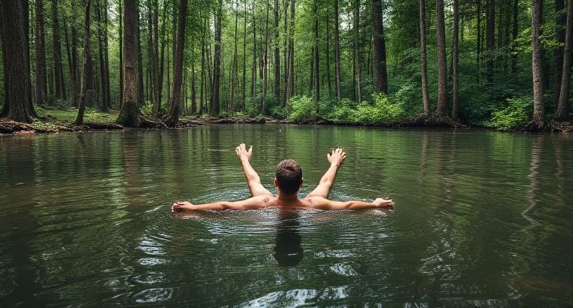 Suvival Men Floating in the Forest with no Gravity