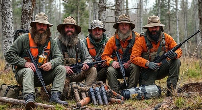 Survivalists with all Their Hunting and Camping and Survival Gear