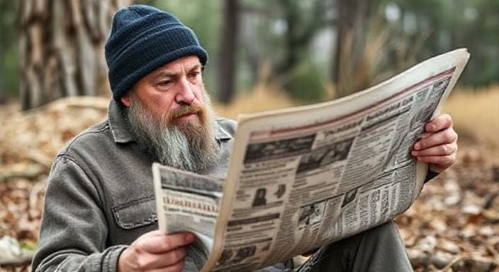 Survivalist Reading a Newspaper