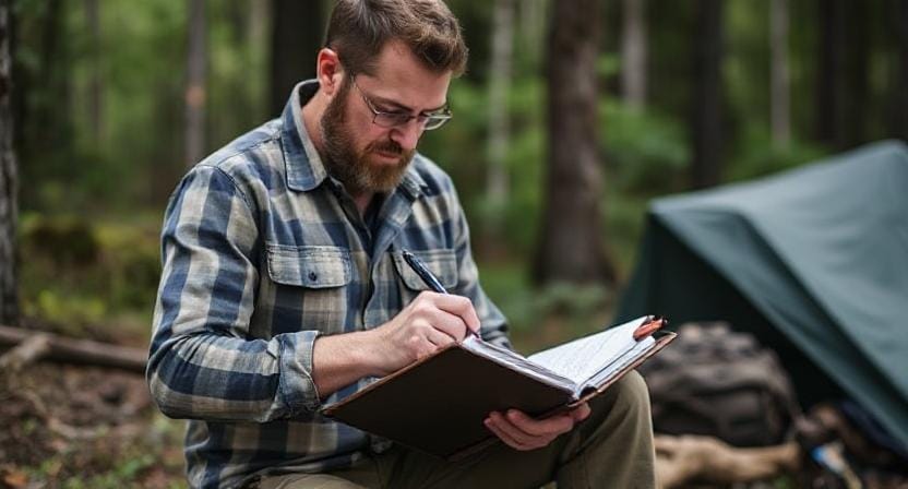 Suvival Man Updating his Survival Binder