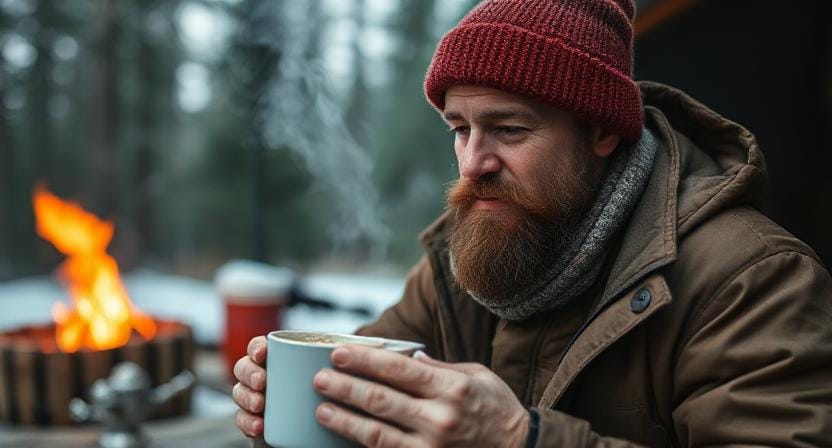 Suvival Man Having Hot Drinks
