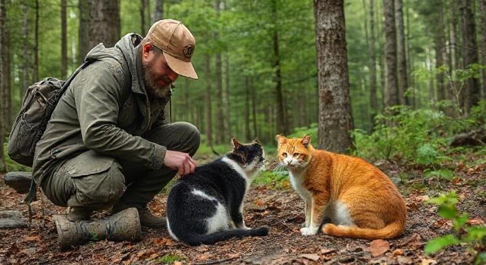 Survivalists Taking Care of Their Cats in the Woods