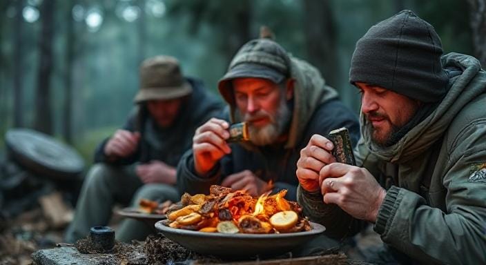 Survivalists Eating Energy Bars and Dried Fruits