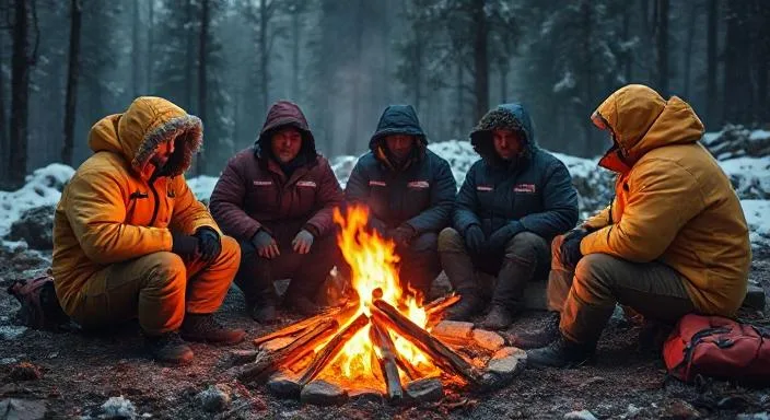 Survivalists in Heavy Jackets Sitting Around a Fire