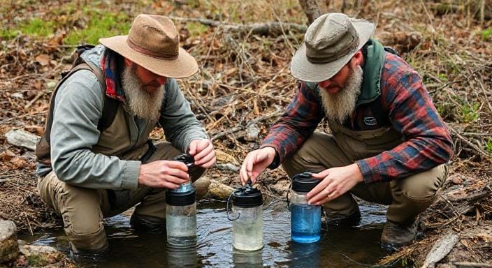 Survival Men Using Water Filtration Systems