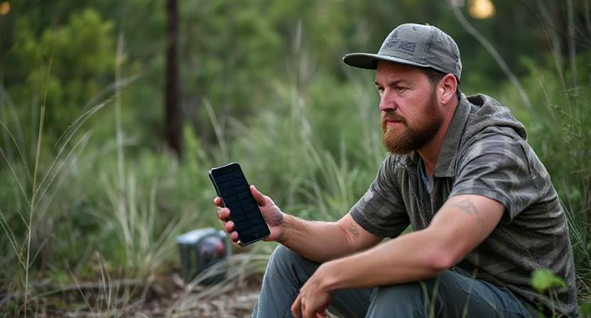 Suvival Man Using Speakers That Run on Solar Power