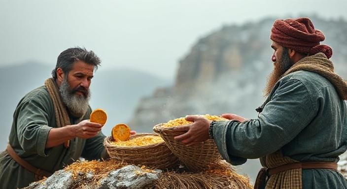 Survival Men Trading Gold for Bread