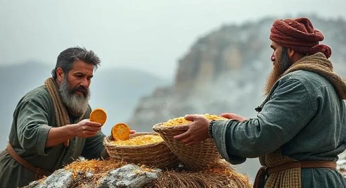 Survival Men Trading Gold for Bread