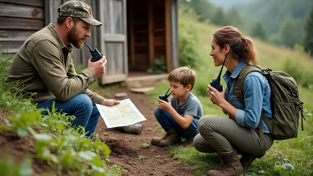 Family of Preppers Communicating with Each Other with Their Walkie-Talkies