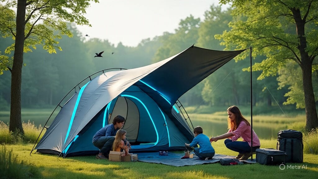 Family Setting up a Huge Futuristic Camping Tent