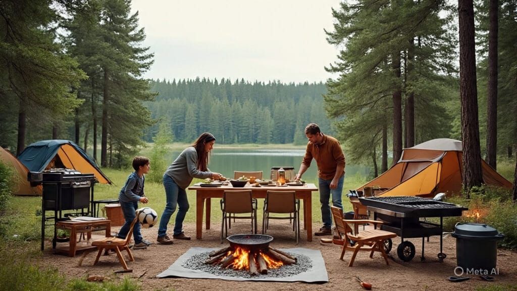 Family Setting up Their Expansive Cooking and Dining Area in Their Campsite