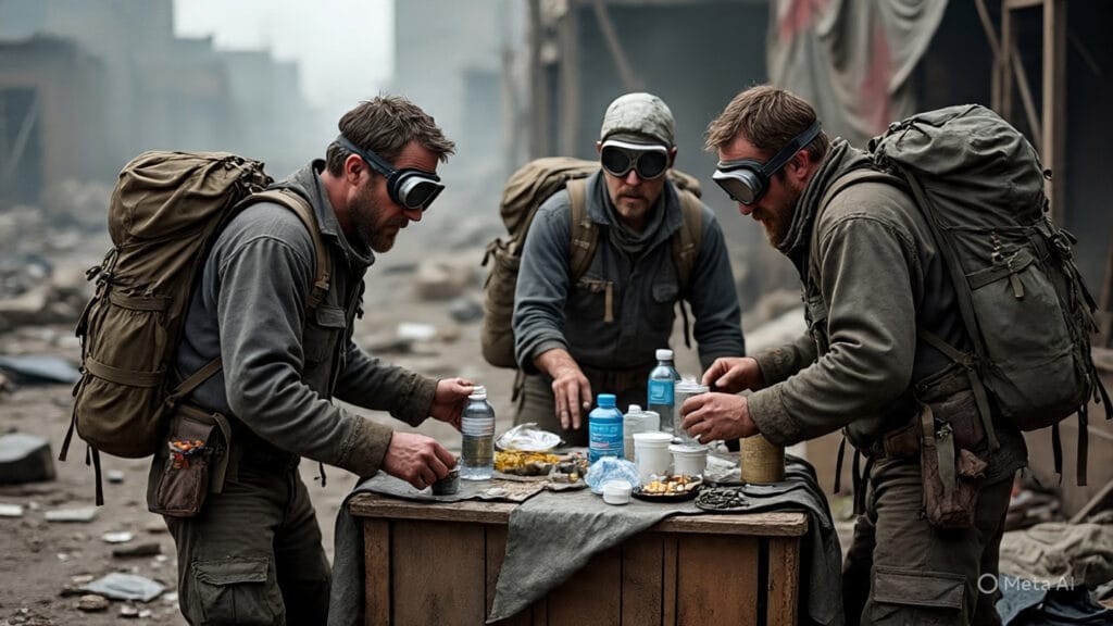 Group of Survivalists Bartering with Each Other