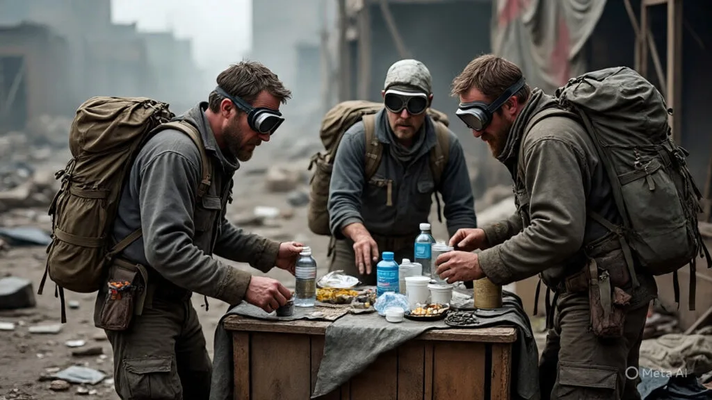 Group of Survivalists Bartering with Each Other