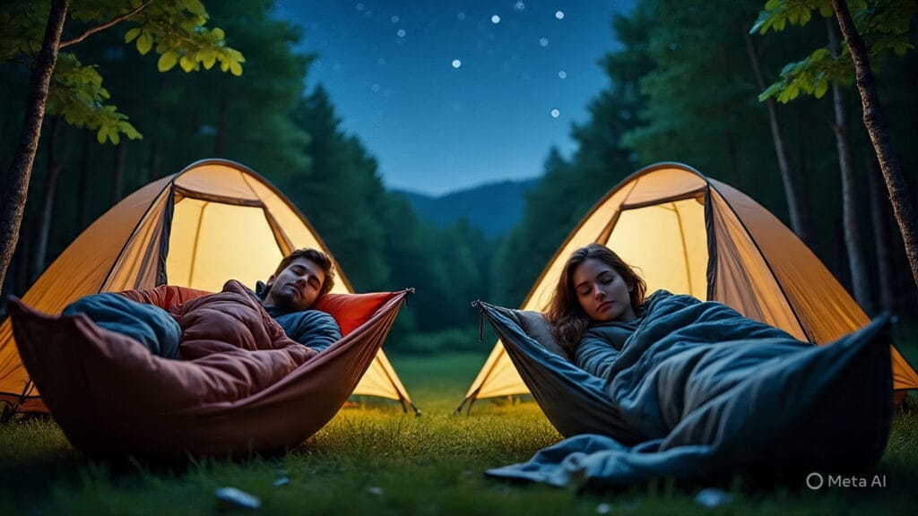 Man and Woman Sleeping on Hammocks in a Tent