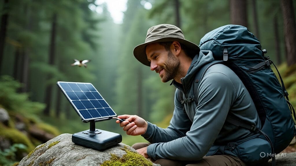Man Using Solar Charger in The Wild