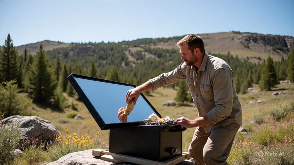 Man Using Solar Cooker in the Wild