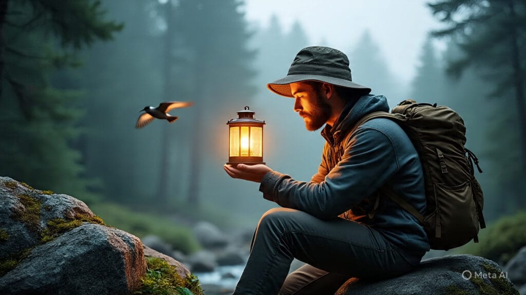 Man Using Solar Lantern in the Wilderness