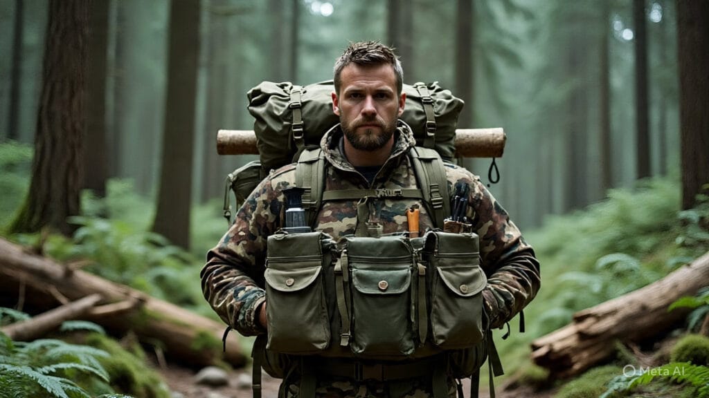 Survival Man with a Bunch of Survival Gear and Tools