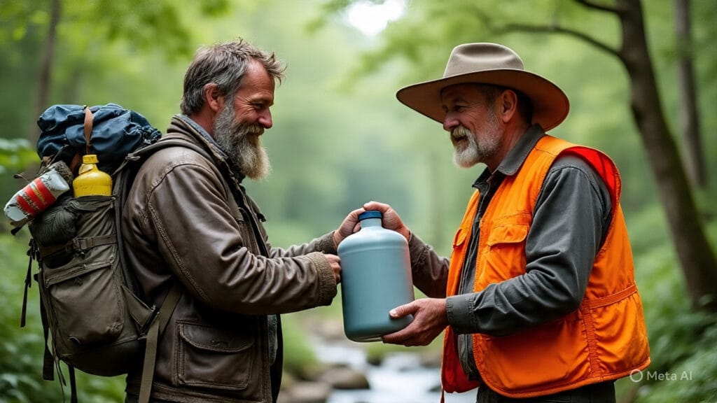 Two Men Trading Supplies in the Wild