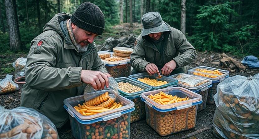 Survival Men Securing Food in Food Containers