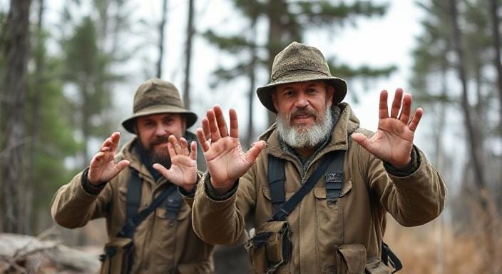 Survival Men Using Hand Signals for Communicating