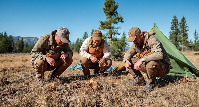 Survival Men Inspecting The Bugs Near Their Camp