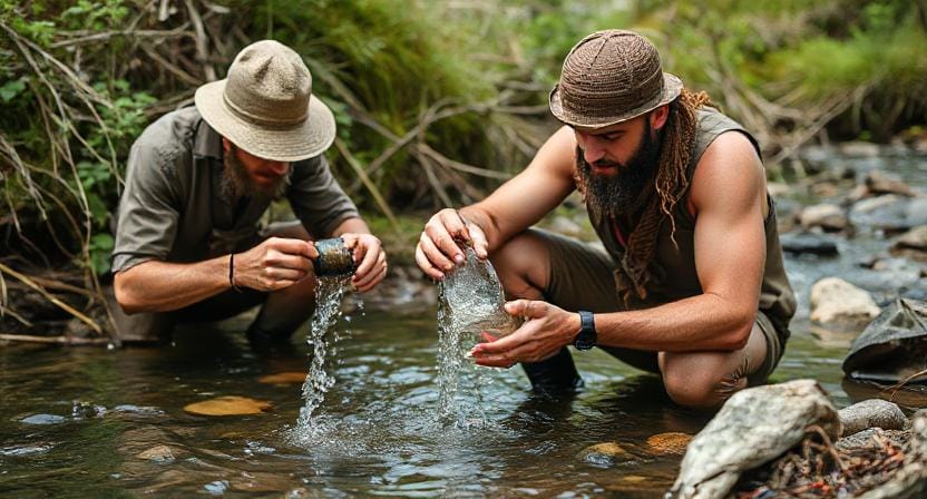 Survival Men Using Natural Water Filtration Techniques