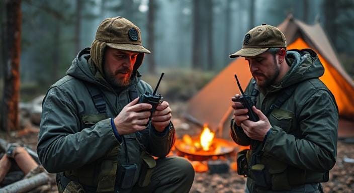 Survival Men Using Their Two-Way Radios in a Campsite