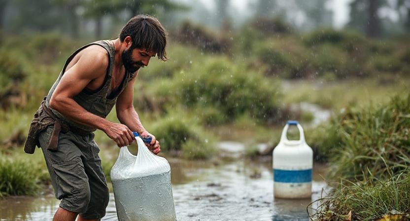 Survival Men Collecting Rainwater