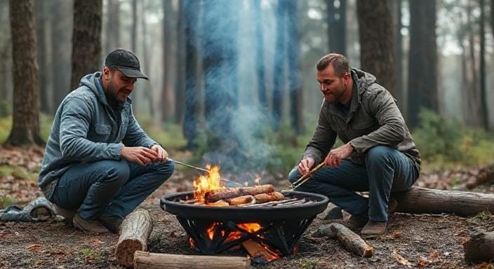 Survival Men Having a Barbecue in the Woods