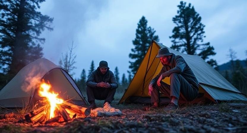 Survival Men Setting up Camp to Keep Bugs Away