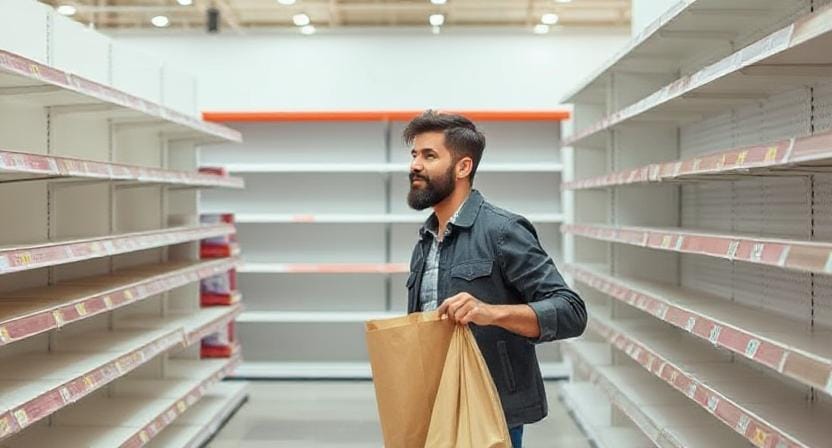 Suvivalist Shopping in a Store with Empty Shelves