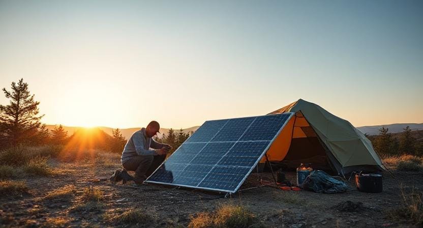 Survival Men Setting up Solar Power in Their Camp Site