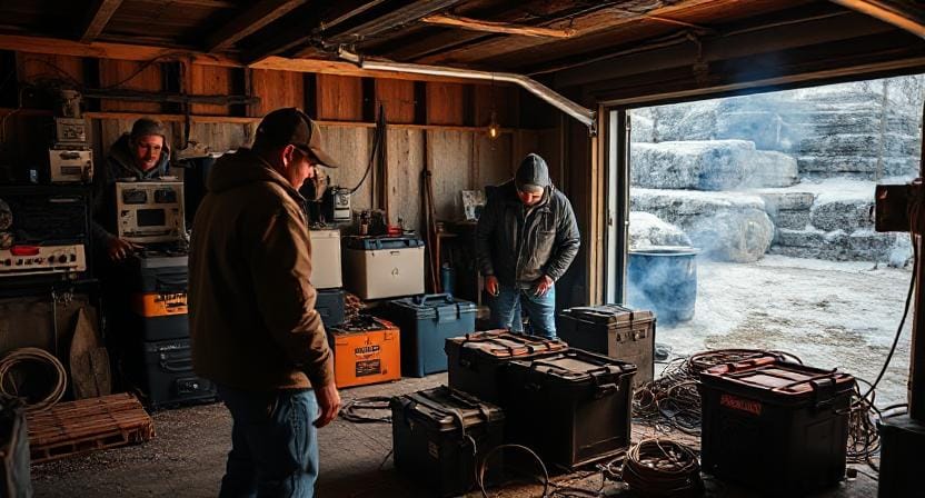 Survival Men Gathering Their Power Supplies in Their Garage