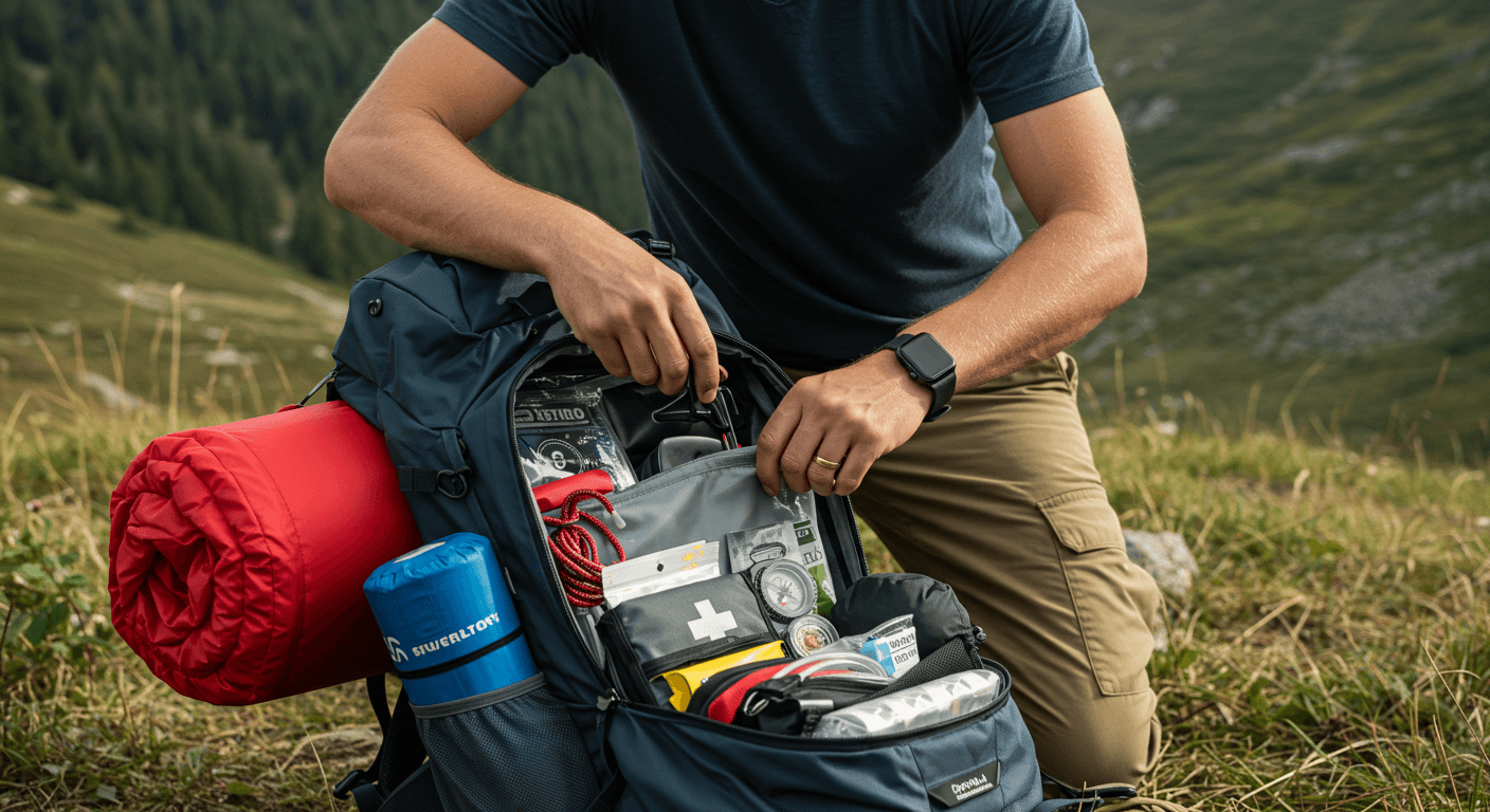 Man Packing an Outdoor Survival Backpack