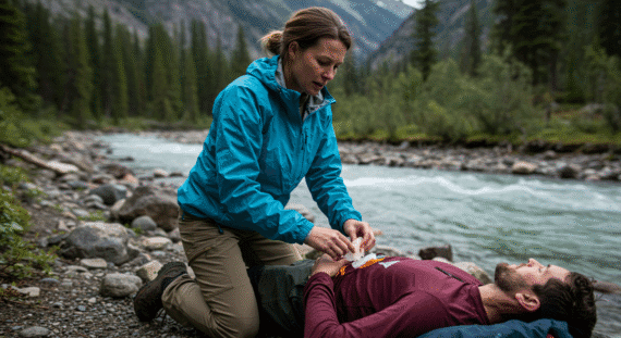 Woman Using Basic First Aid in The Wilderness