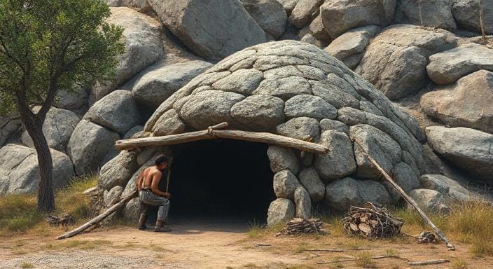Caveman Building a Primitive Shelter