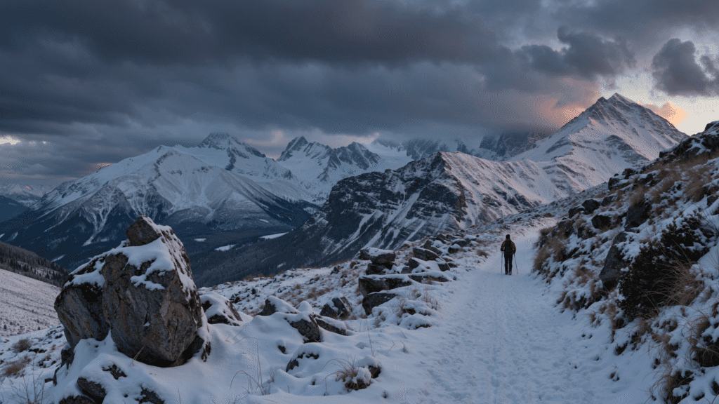 Man Backpacking in a Winter Storm
