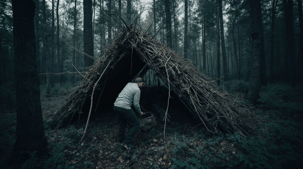 Man Making a Lean-to Survival Shelter