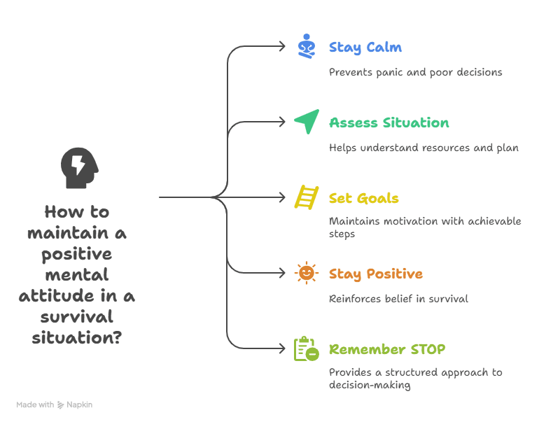Graphic Outline of Maintaining a Positive Mental Attitude While Surviving in The Wild