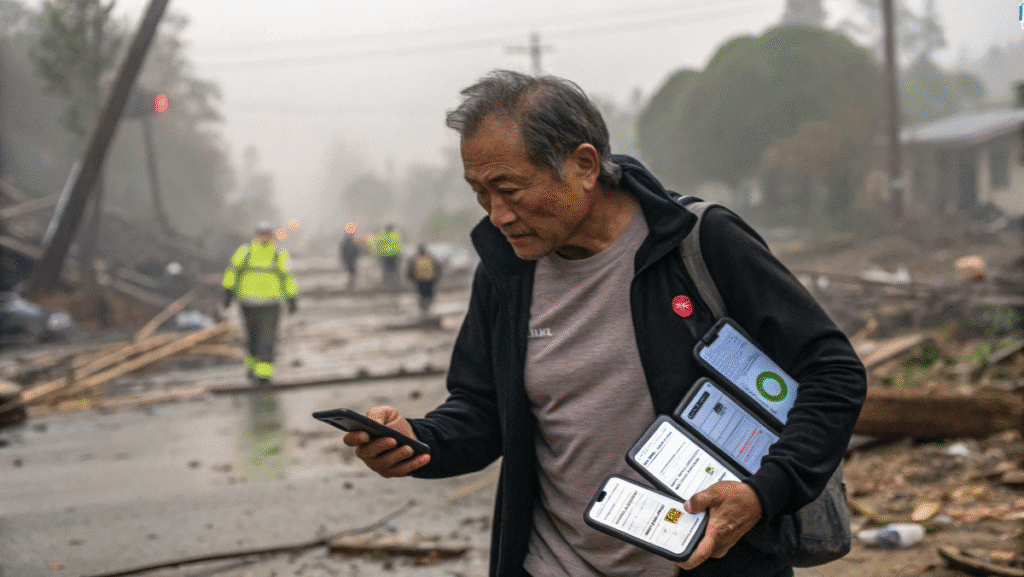 Man with an Armful of Apps During a Natural Disaster